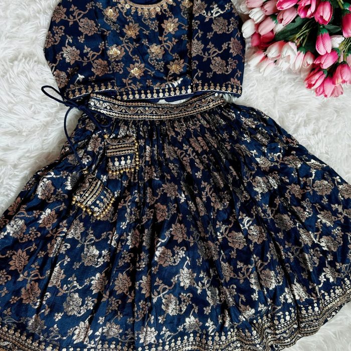 Navy Blue Chanderi Lehanga With Hand Embroidery On Blouse