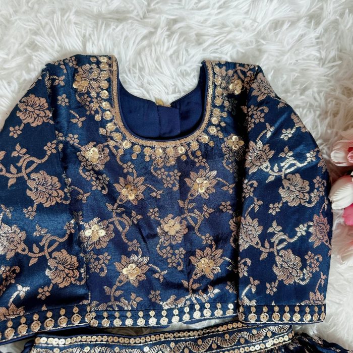 Navy Blue Chanderi Lehanga With Hand Embroidery On Blouse
