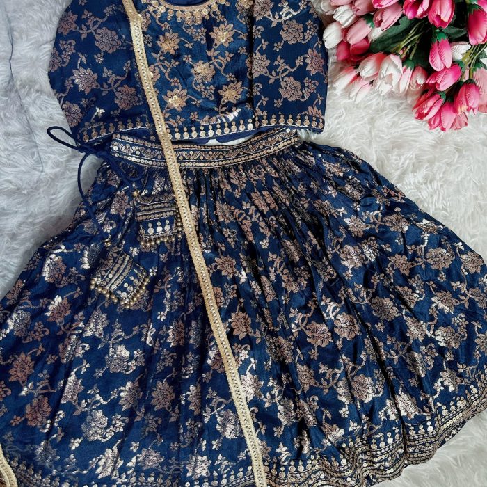 Processed with MOLDIV Navy Blue Chanderi Lehanga With Hand Embroidery On Blouse