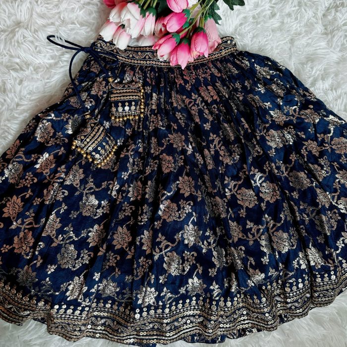 Processed with MOLDIV Navy Blue Chanderi Lehanga With Hand Embroidery On Blouse
